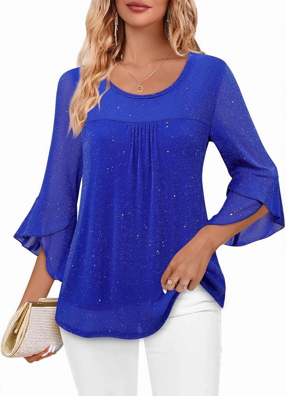 Sequin Tops for Women Ruffle 3/4 Sleeve Glitter Sparkly Tops Crew Neck Party Shirts Elegant Double Layers Mesh Tunic Tops