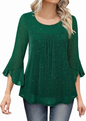 Sequin Tops for Women Ruffle 3/4 Sleeve Glitter Sparkly Tops Crew Neck Party Shirts Elegant Double Layers Mesh Tunic Tops