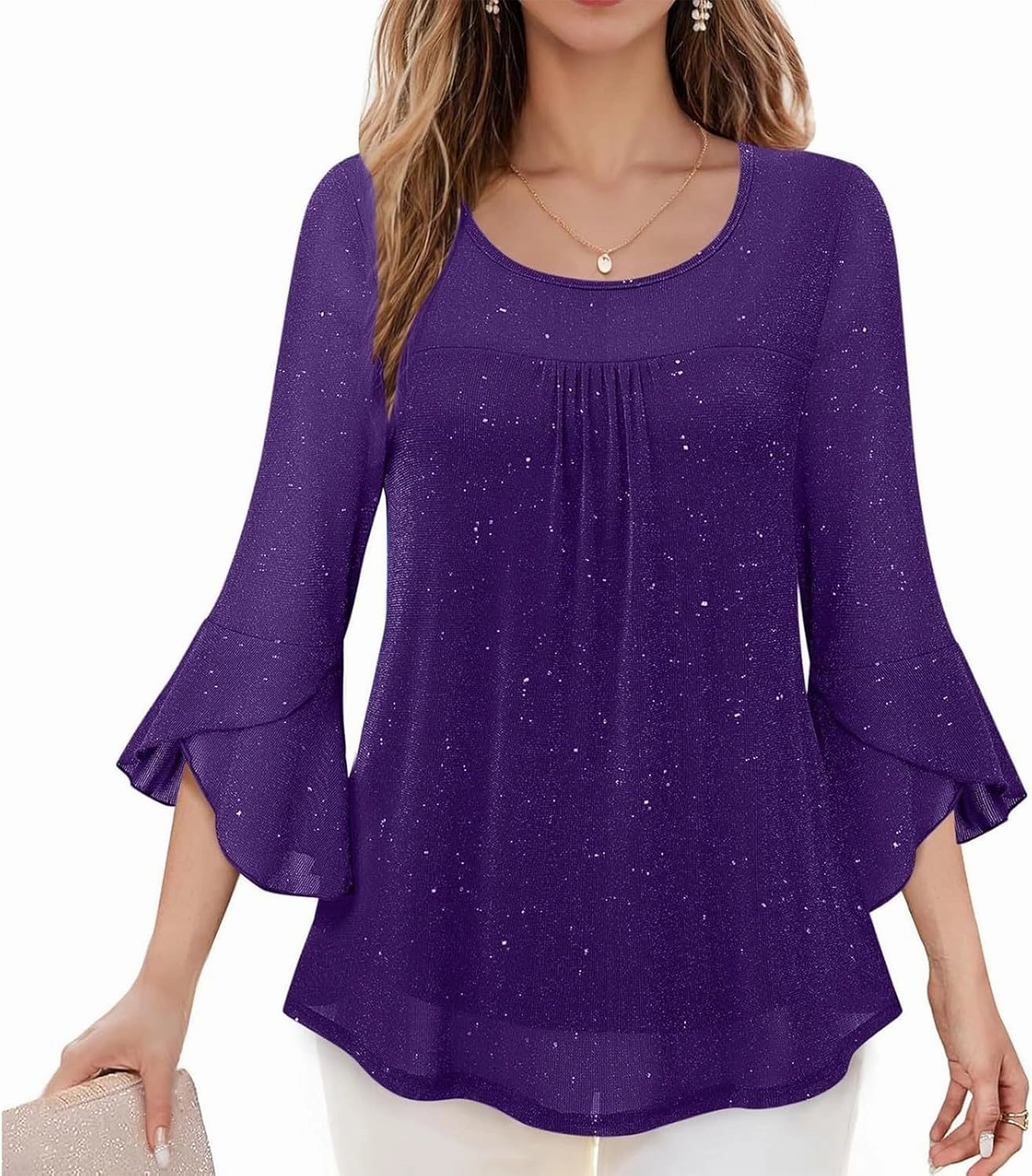 Sequin Tops for Women Ruffle 3/4 Sleeve Glitter Sparkly Tops Crew Neck Party Shirts Elegant Double Layers Mesh Tunic Tops