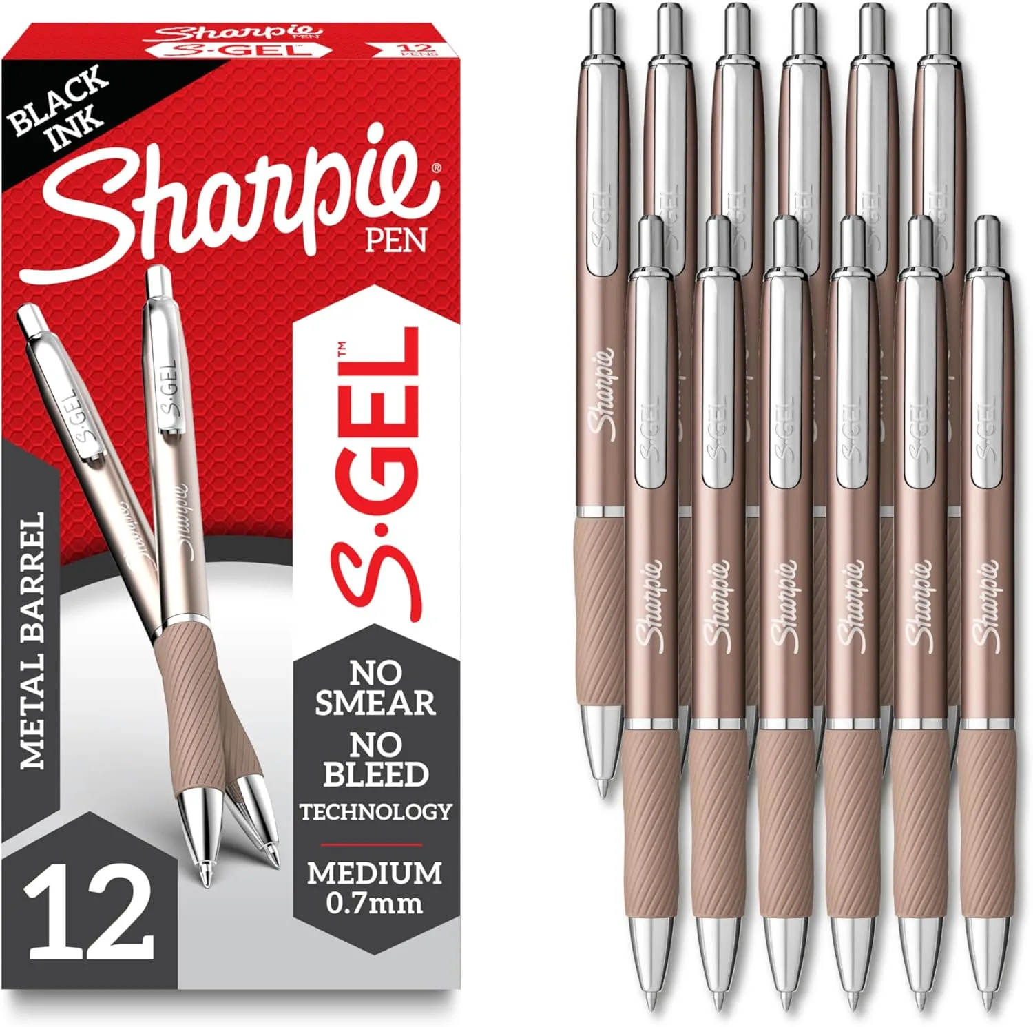 Sharpie S-Gel, Gel Pens, Drawing Pens, Gel Ink Pens For Journaling, Writing Pens, Medium Point Pens (0.7Mm), Sleek Metal Barrel, Black Ink, 12 Count