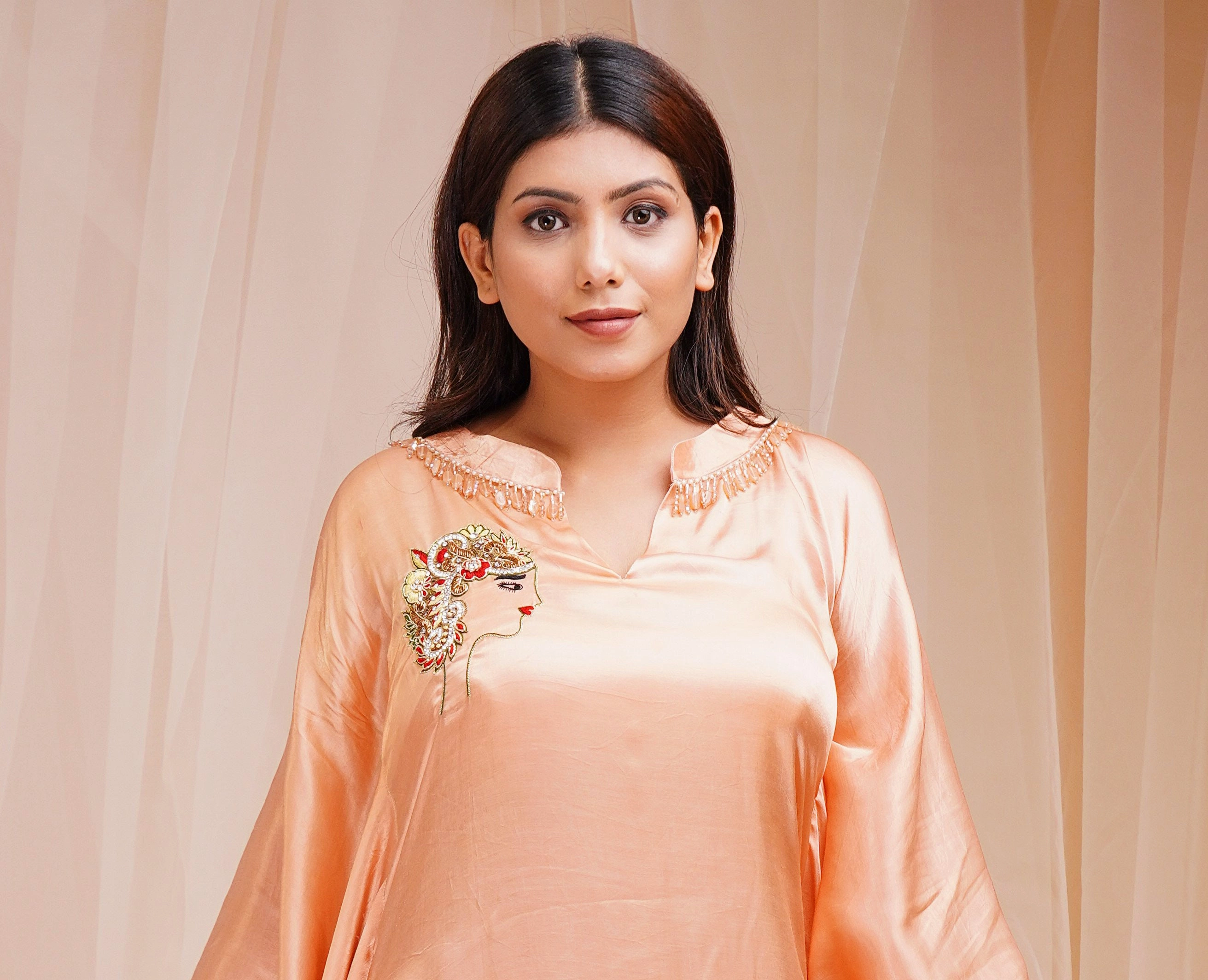 Sherbert Orange Peach Model Satin Silk Kaftaan