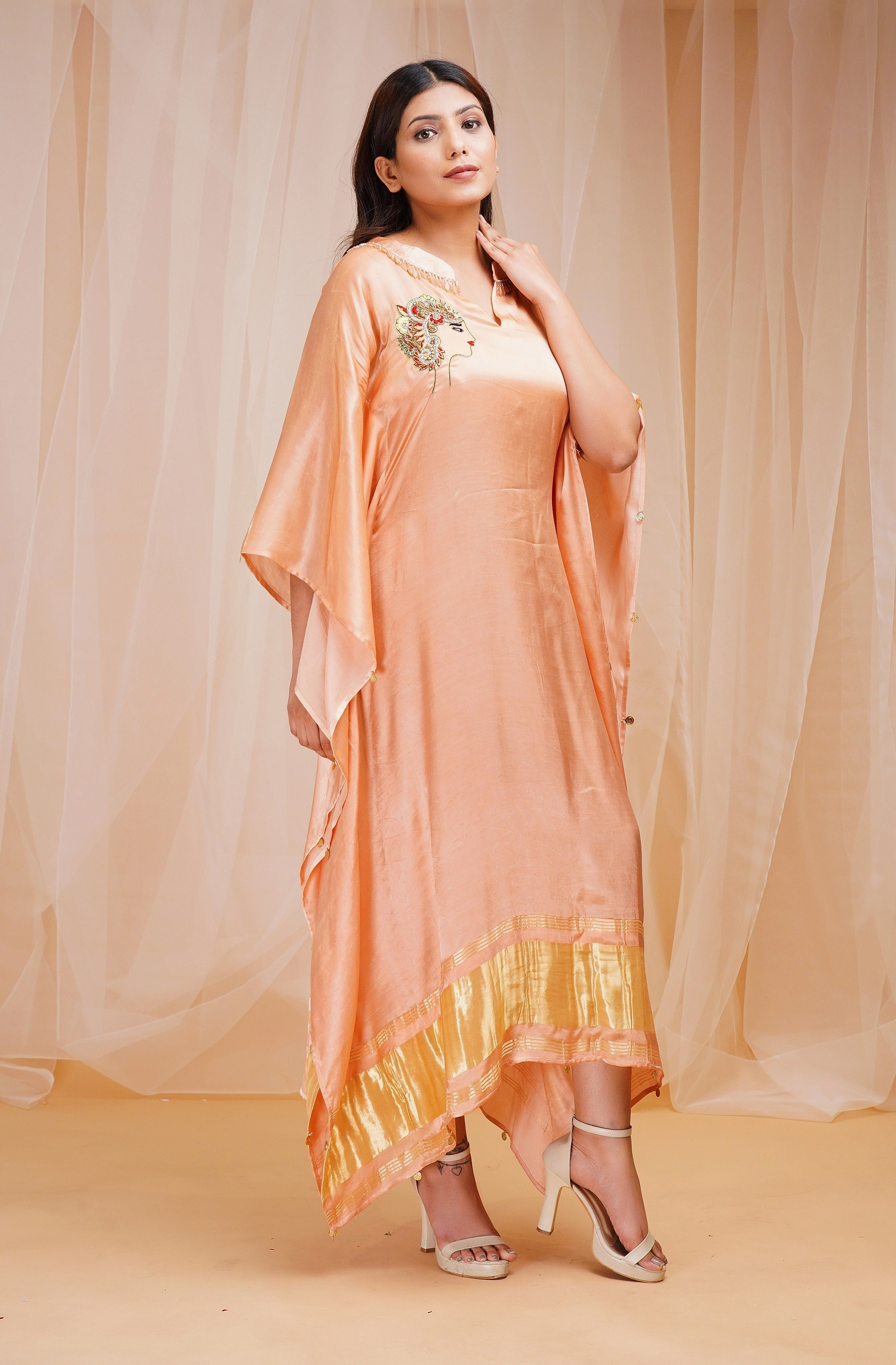Sherbert Orange Peach Model Satin Silk Kaftaan