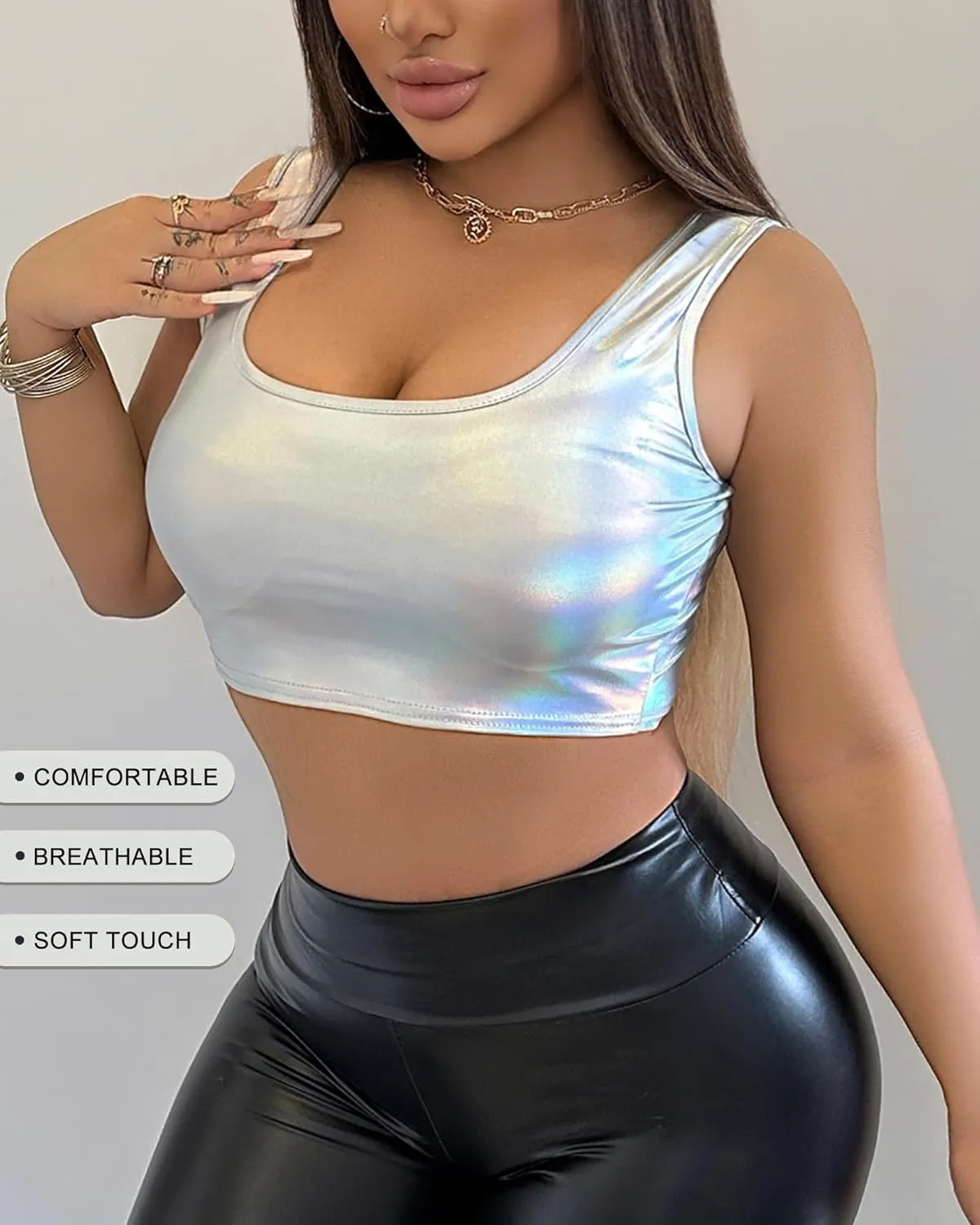 Shiny Metallic Crop Tank Top for Women - Party Wear, Sexy Clubwear, Concert Outfits, Trendy Sleeveless Bralette