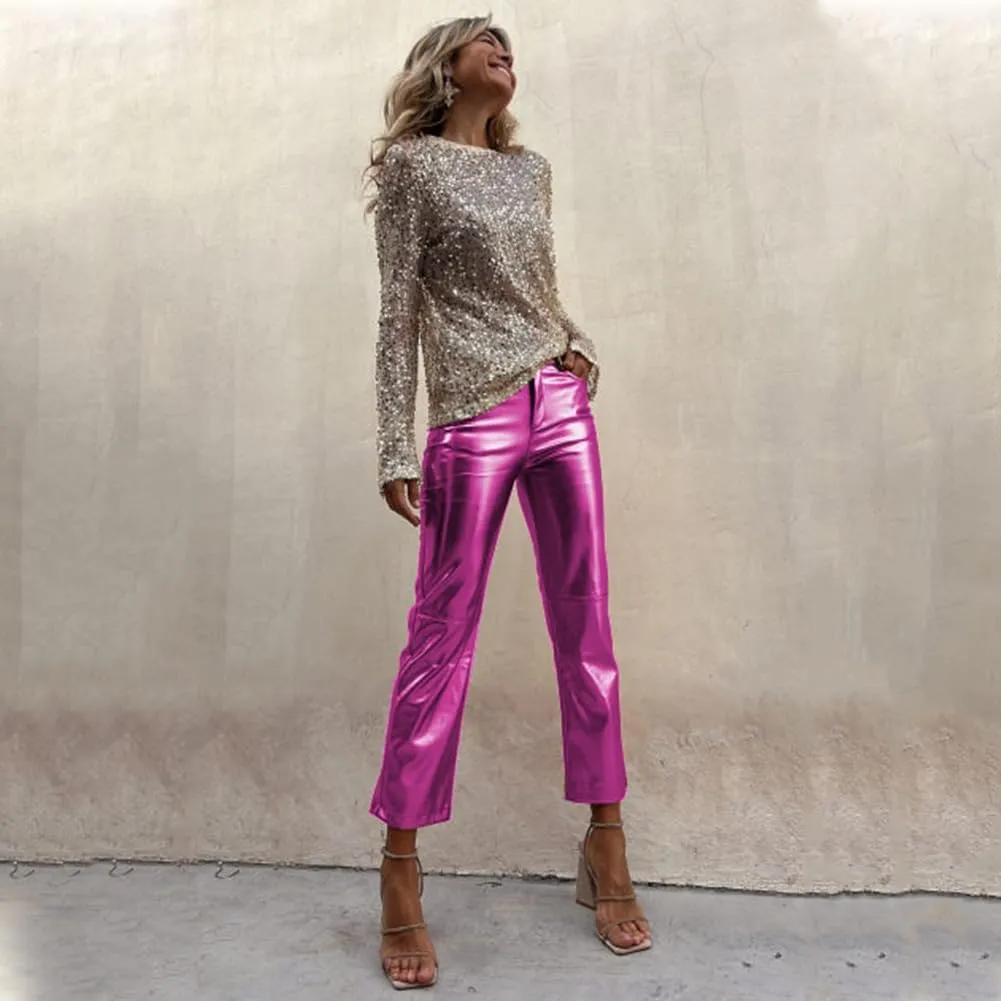Shiny Metallic Women's Holographic Glitter Rave Dance Cropped Pants