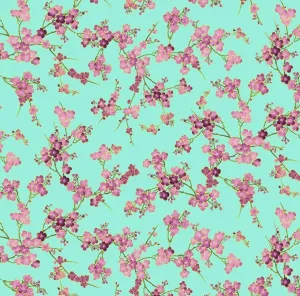 Shizuka by Timeless Treasures Pink Cherry Blossom Branches with Gold Metallic on Aqua Cotton Fabric by The Yard