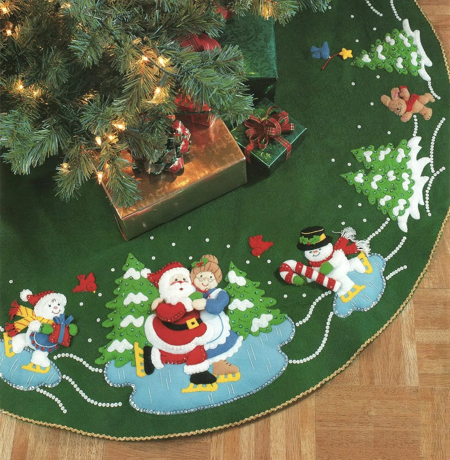 Skaters Waltz Christmas tree skirt felt applique Santa Snowman