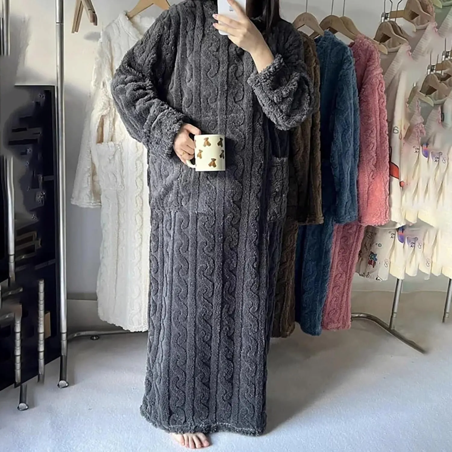Sleepwear Summer Round Neck Pocket Thread Long Over Knee Winter Nightdress Women Soft Comfy Loose Pajama Shirt