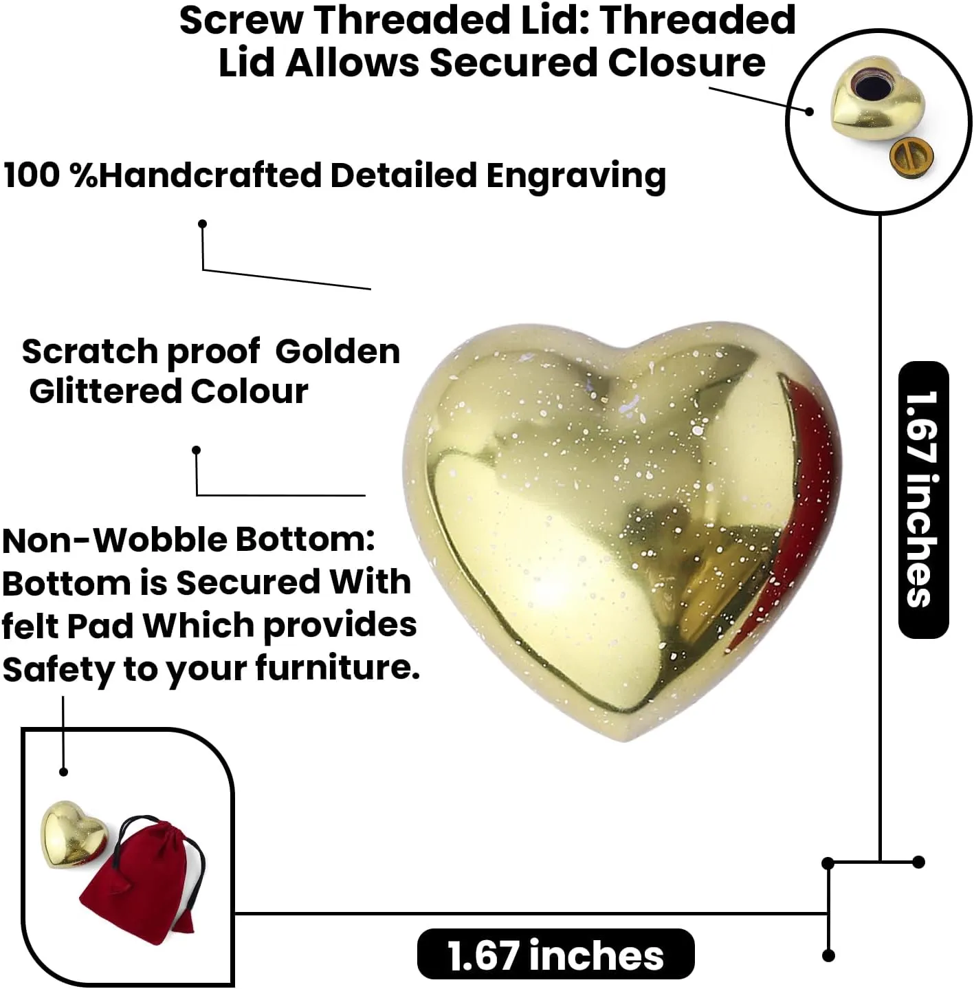 Small Golden Speckled Heart Urn for Human Funeral Ashes | Pack of Mini Heart Urn, Golden Display Stand, Scented Candle, Velvet Carry Bag, a Paper Funnel