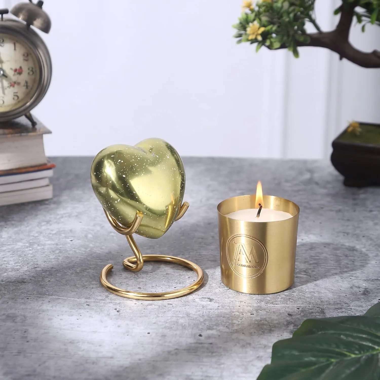 Small Golden Speckled Heart Urn for Human Funeral Ashes | Pack of Mini Heart Urn, Golden Display Stand, Scented Candle, Velvet Carry Bag, a Paper Funnel