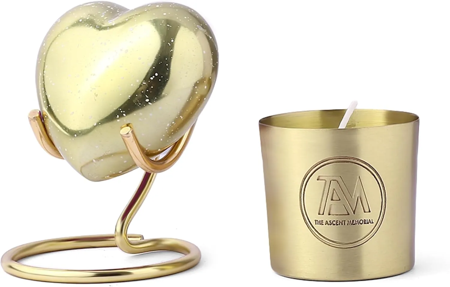 Small Golden Speckled Heart Urn for Human Funeral Ashes | Pack of Mini Heart Urn, Golden Display Stand, Scented Candle, Velvet Carry Bag, a Paper Funnel
