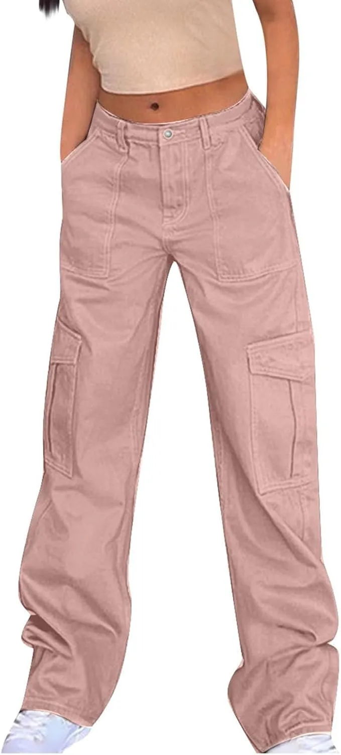SMIDOW Baggy Cargo Pants for Women Relaxed Fit Low Rise Pants Streetwear Stretchy Wide Leg Combat Military Trousers