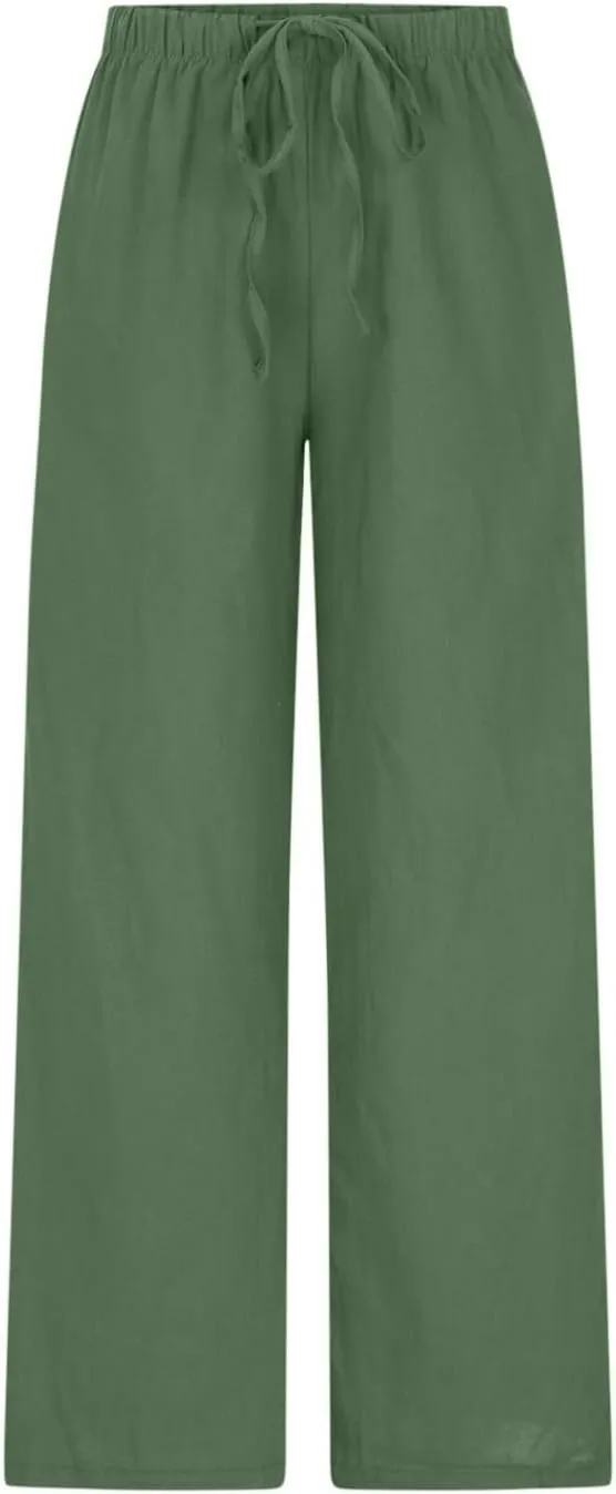 SMIDOW Linen Pants for Women Casual Loose High Waist Drawstring Trousers Wide Leg Baggy Long Pant with Pockets