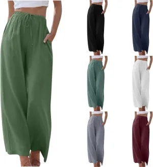 SMIDOW Linen Pants for Women Casual Loose High Waist Drawstring Trousers Wide Leg Baggy Long Pant with Pockets