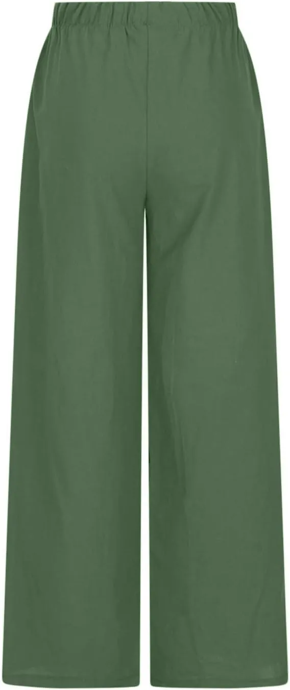 SMIDOW Linen Pants for Women Casual Loose High Waist Drawstring Trousers Wide Leg Baggy Long Pant with Pockets