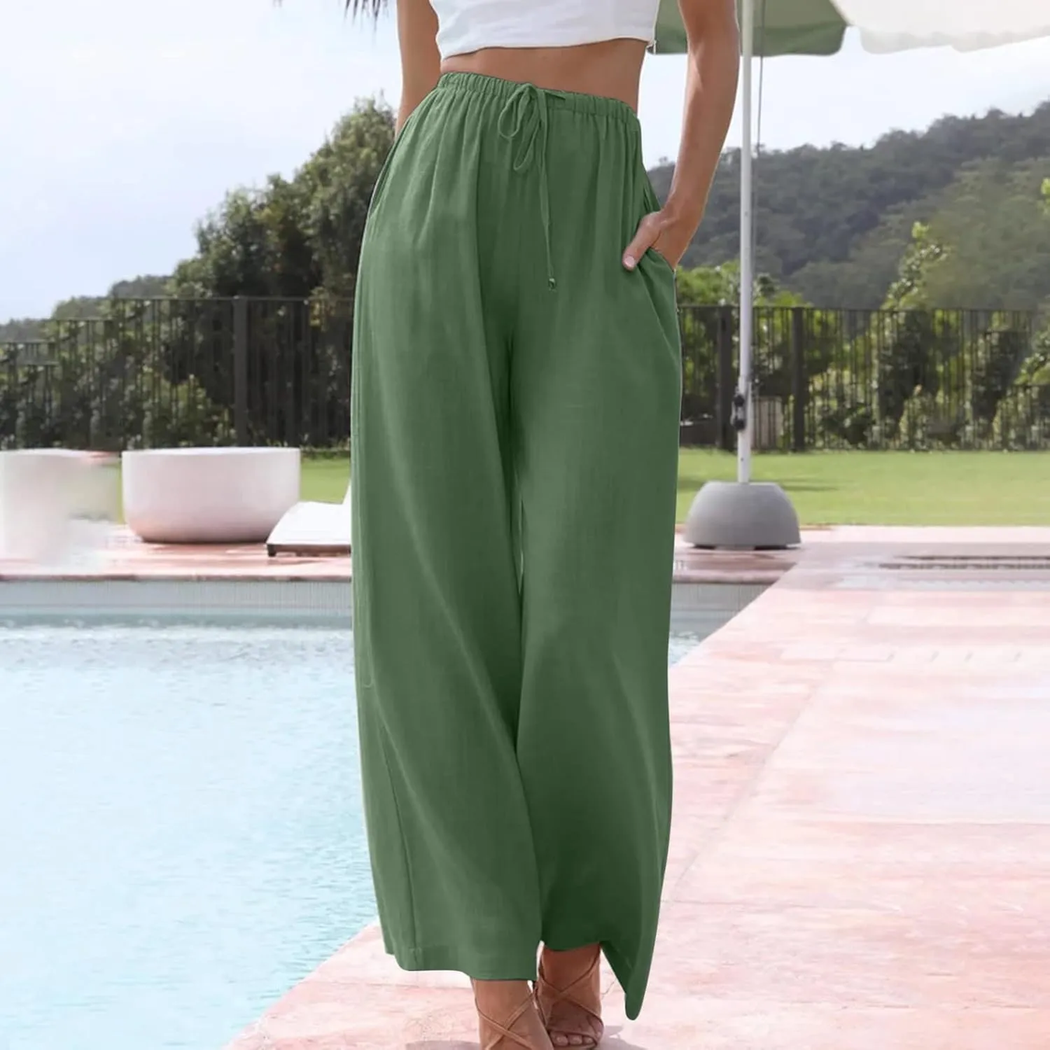 SMIDOW Linen Pants for Women Casual Loose High Waist Drawstring Trousers Wide Leg Baggy Long Pant with Pockets