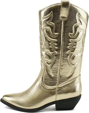 Soda RENO-S Women's Western Cowboy Pointed Toe Knee High Pull On Tabs Boots (GOLD METALLIC PU, us_footwear_size_system, adult, women, numeric, medium, numeric_8)