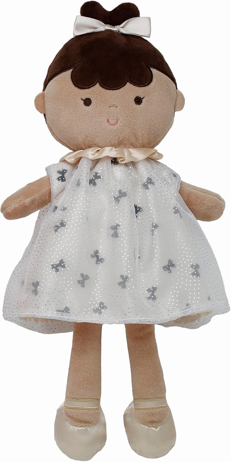 Soft Baby Doll with Printed Bow Chiffon Dress and Metallic Gold Satin Accents, Zara, Brunette with Darker Complexion (Cream and Black, 14 inch)