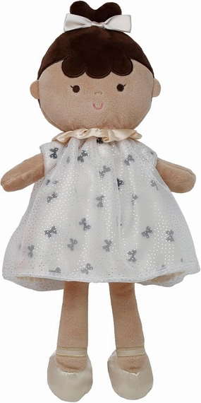 Soft Baby Doll with Printed Bow Chiffon Dress and Metallic Gold Satin Accents, Zara, Brunette with Darker Complexion (Cream and Black, 14 inch)