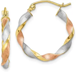 Solid Real 10k Yellow White and Rose Gold Three Color Twisted Hoop Brushed Matte Finish Earrings - 22mm x 20mm