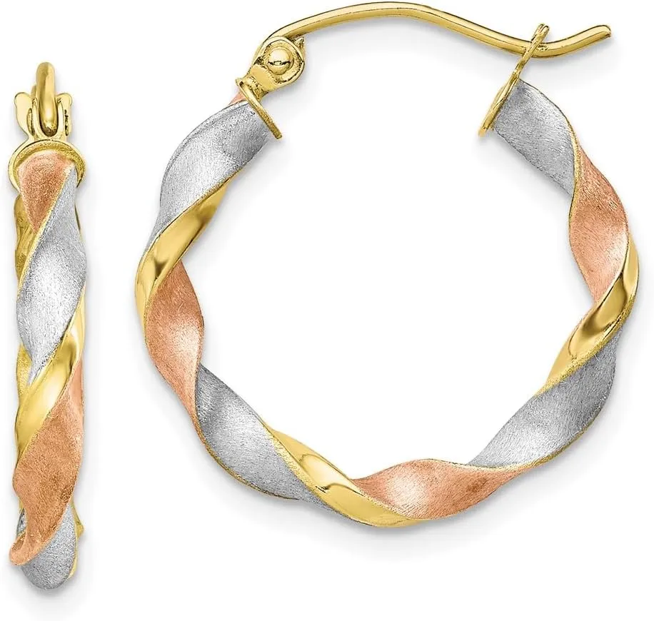 Solid Real 10k Yellow White and Rose Gold Three Color Twisted Hoop Brushed Matte Finish Earrings - 22mm x 20mm