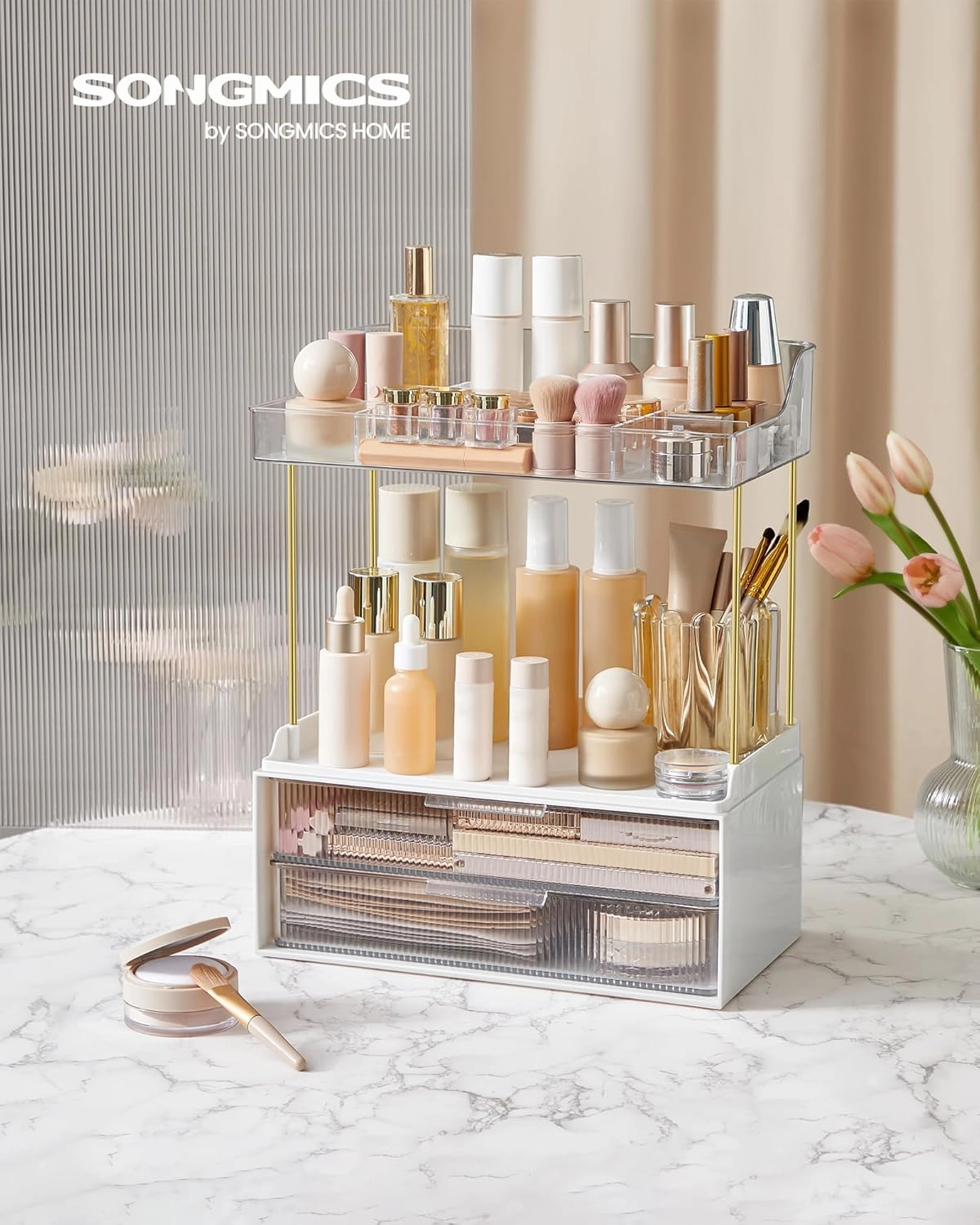 SONGMICS 4-Layer Makeup Organizer, Skincare Organizer, 4 Dividers, Anti-Slip Design, Bathroom Counter Organizer, Versatile for Vanity Bedroom Kitchen, 7.8 x 12.5 x 15.4 Inches, Transparent UJKA021W02