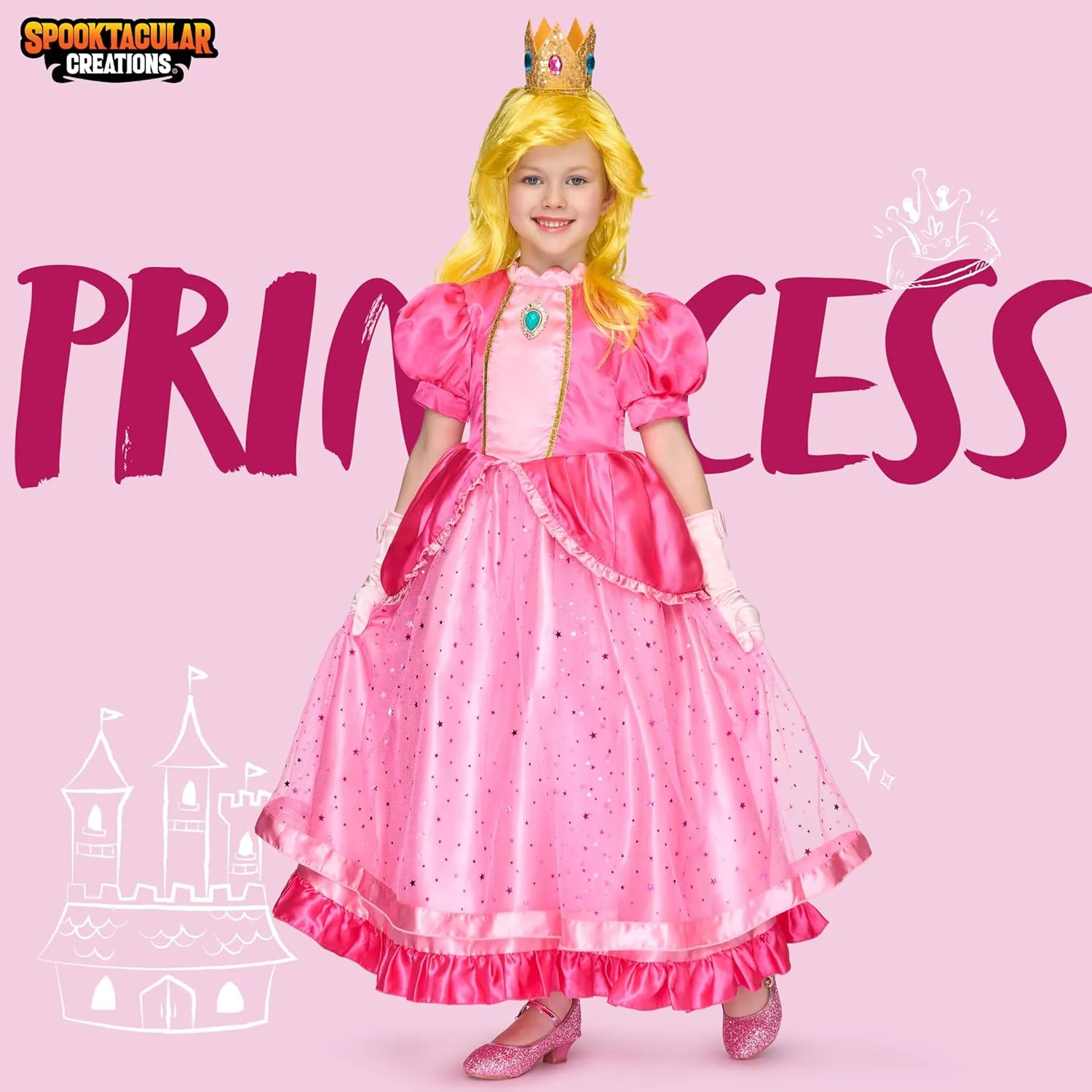 Spooktacular Creations Halloween Pink Peach Princess Dress, Kids Princess Dress Up, Peach Crown Costume for Girls Birthday