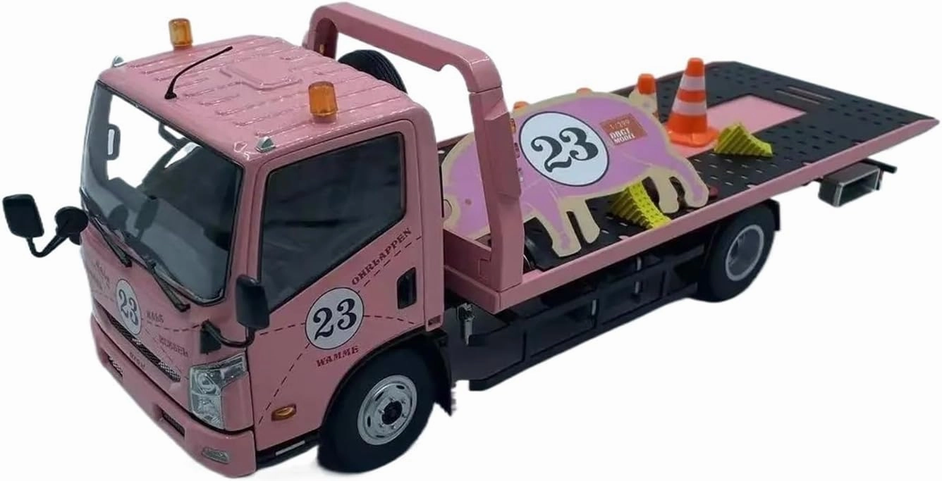 Sports car Metal Model 1:18 for Tow Truck Road Rescue Vehicle Pink Pig Painting Flatbed Trailer Model with Accessories Cute Display for Home Décor
