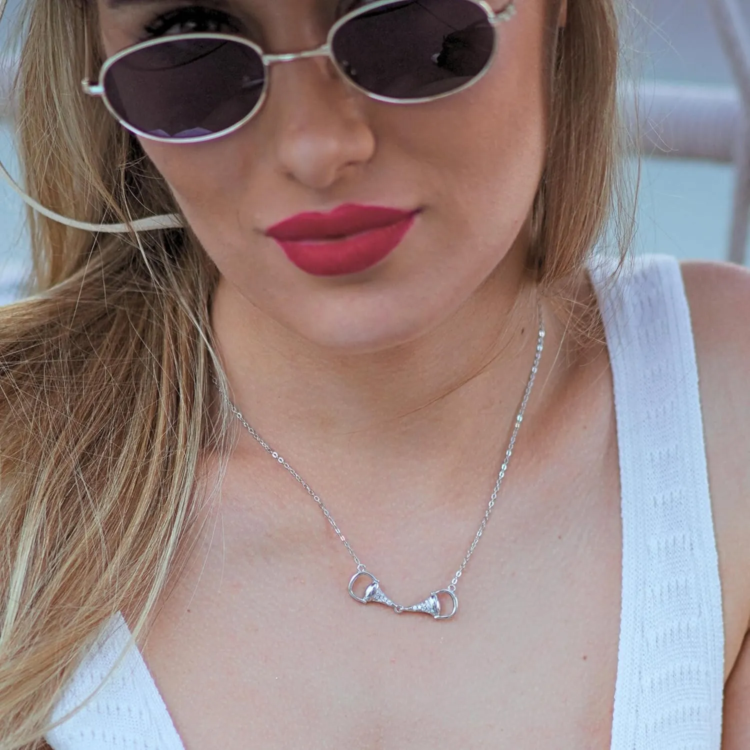 Statement 925 Sterling Silver Horse Necklace with Sparkly Gemstones. Horizontal Horsebit Pendant Necklaces in Silver, 18K Gold, or Rose Gold