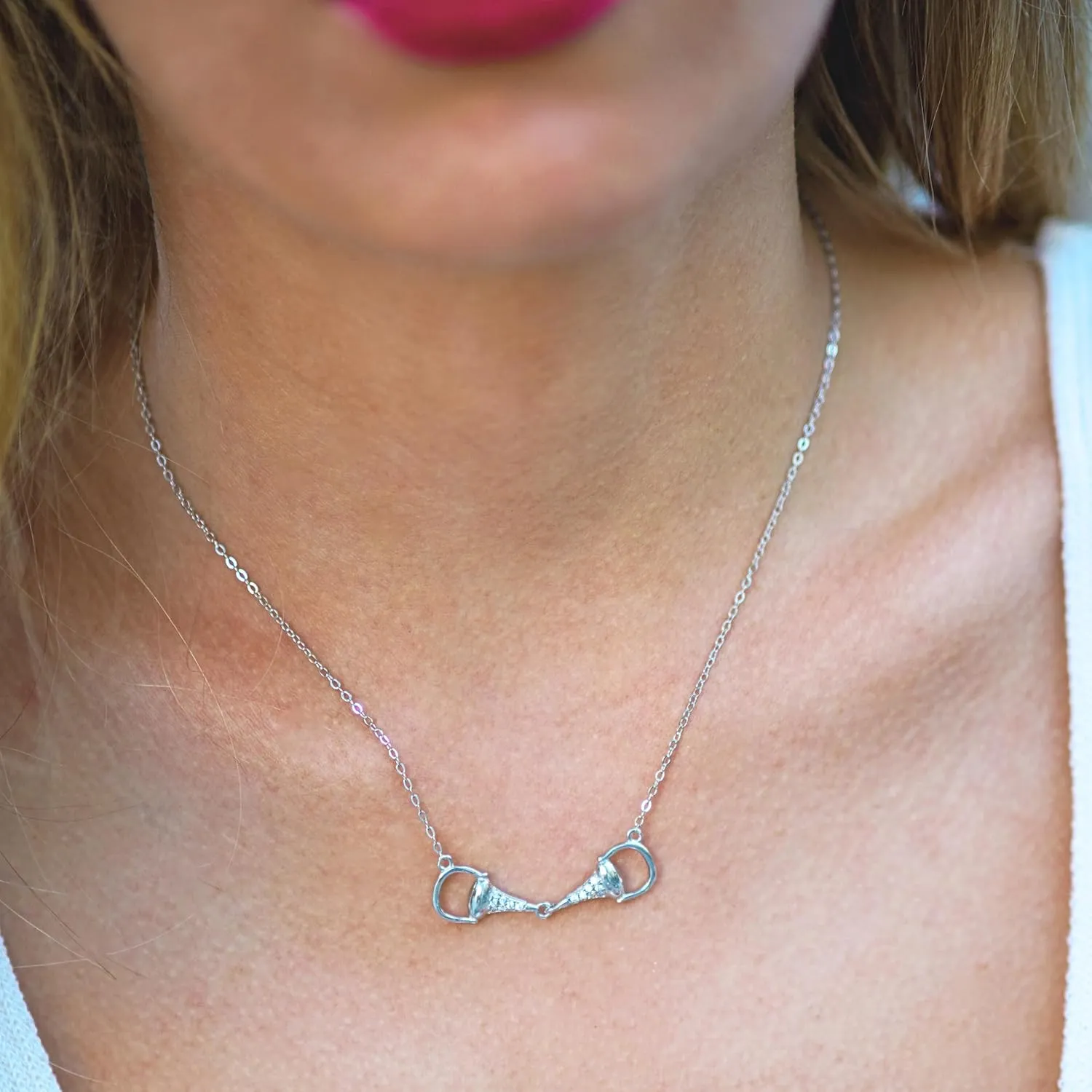 Statement 925 Sterling Silver Horse Necklace with Sparkly Gemstones. Horizontal Horsebit Pendant Necklaces in Silver, 18K Gold, or Rose Gold