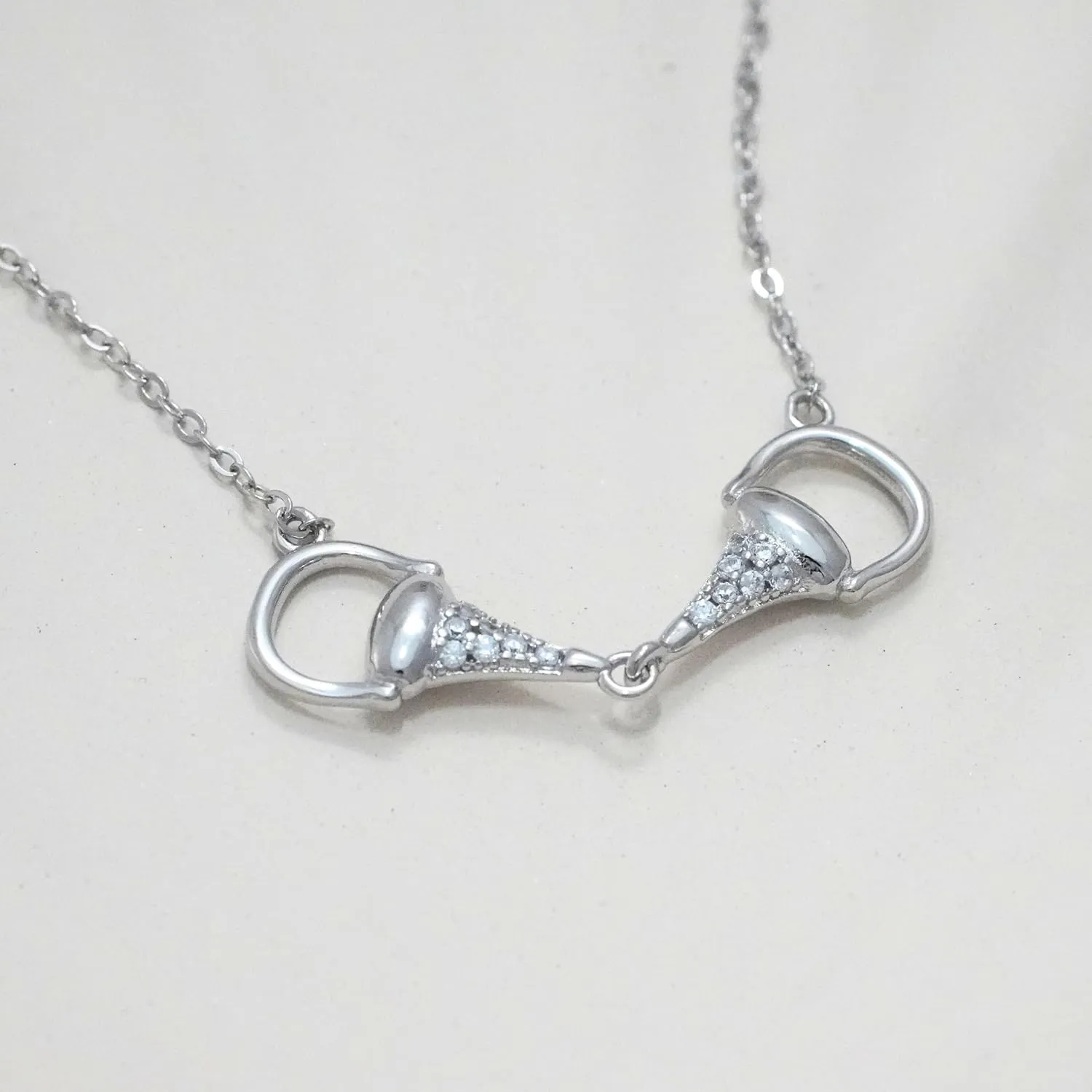 Statement 925 Sterling Silver Horse Necklace with Sparkly Gemstones. Horizontal Horsebit Pendant Necklaces in Silver, 18K Gold, or Rose Gold