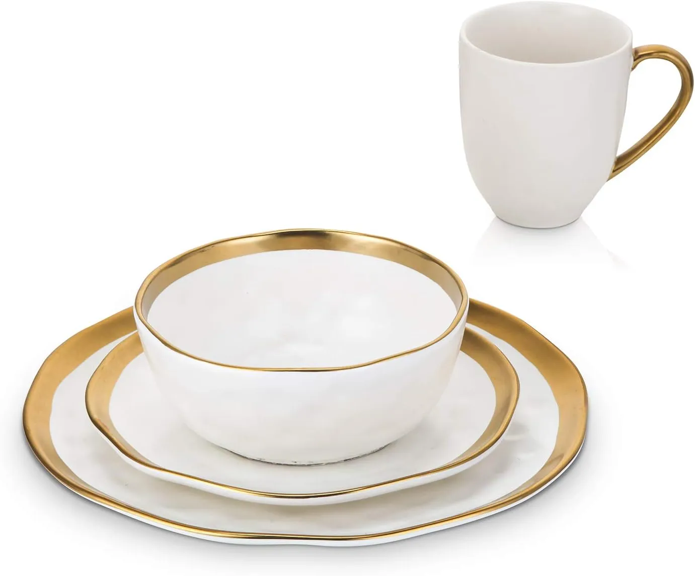 Stone Lain Modern Poreclain 16 Piece Dinnerware Set, Plates and Bowls Set, Dish set for 4, White And Golden Rim