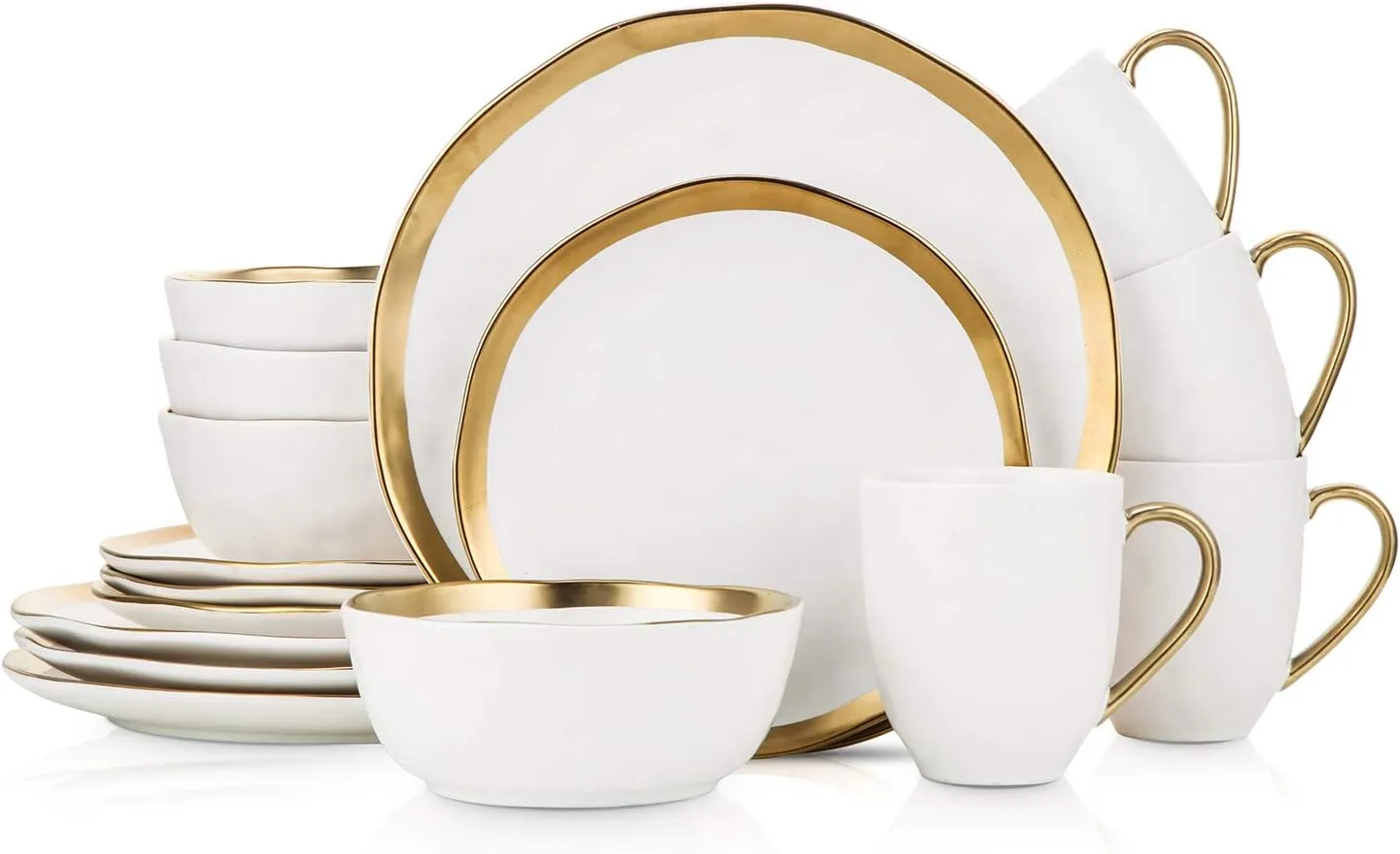 Stone Lain Modern Poreclain 16 Piece Dinnerware Set, Plates and Bowls Set, Dish set for 4, White And Golden Rim
