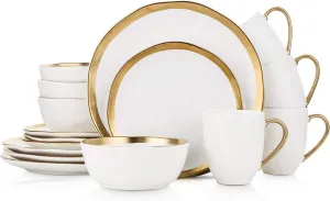 Stone Lain Modern Poreclain 16 Piece Dinnerware Set, Plates and Bowls Set, Dish set for 4, White And Golden Rim
