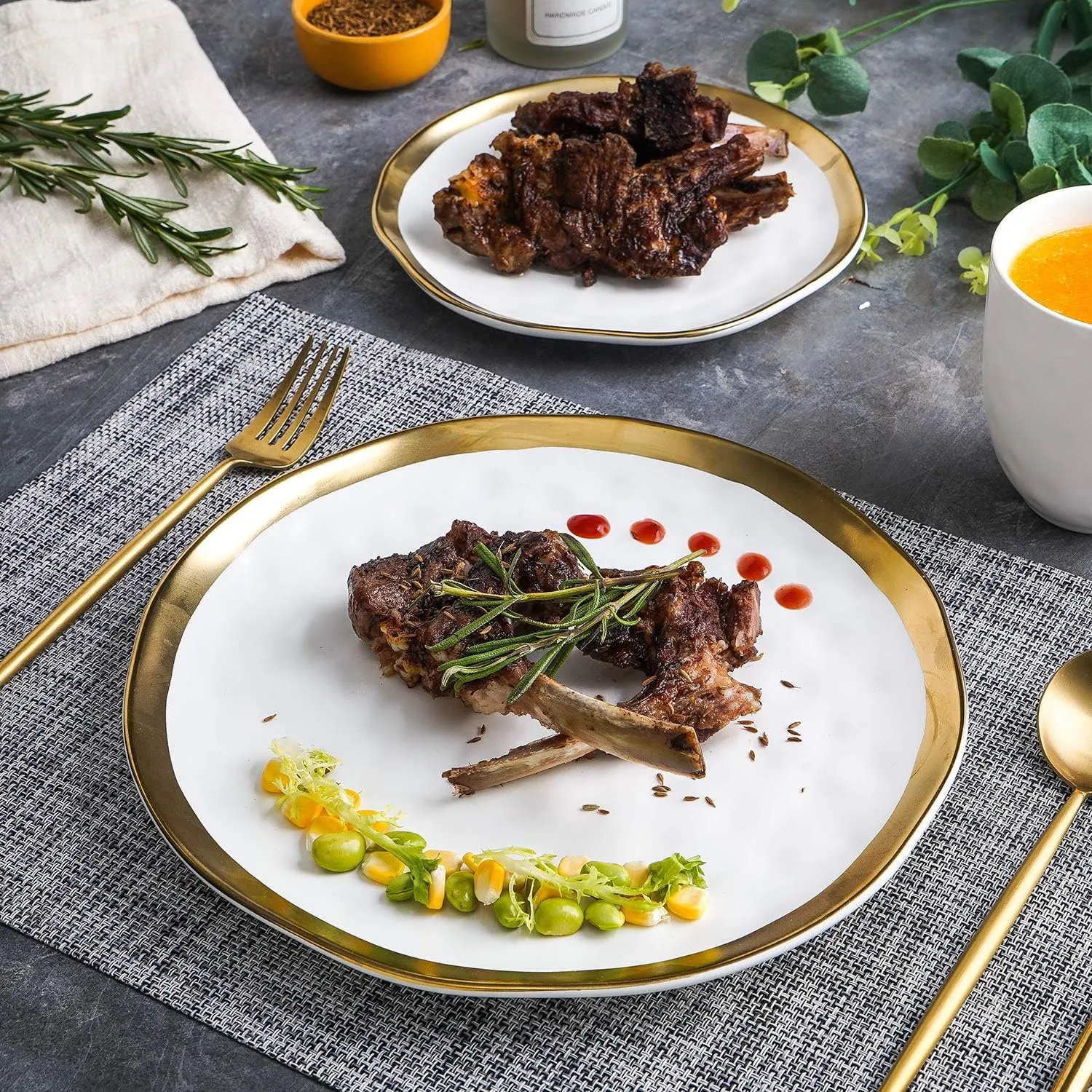 Stone Lain Modern Poreclain 16 Piece Dinnerware Set, Plates and Bowls Set, Dish set for 4, White And Golden Rim