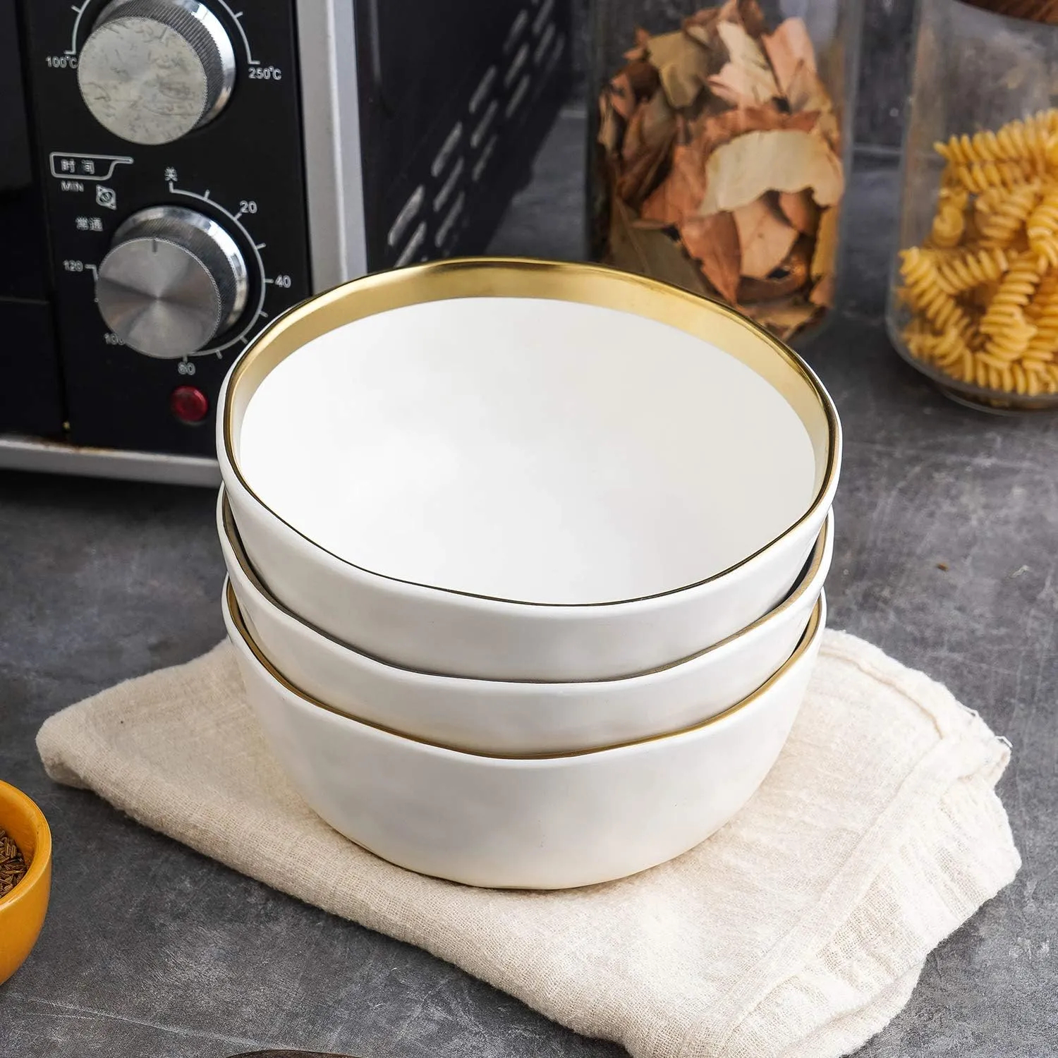 Stone Lain Modern Poreclain 16 Piece Dinnerware Set, Plates and Bowls Set, Dish set for 4, White And Golden Rim