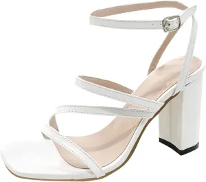 Strappy Heels for Women Bow Ankle Wrap Chunky Heels Open Toe Strappy Sandals Wedding Bride Dressy Pumps Block Heels
