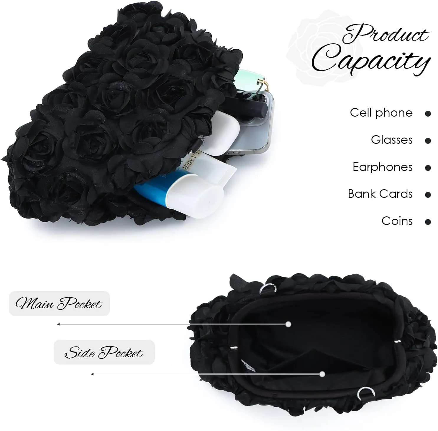 SUKUTU Flower Evening Bag Floral Clutch Bag Satin Handbag with Detachable Strap for Weeding Party Prom