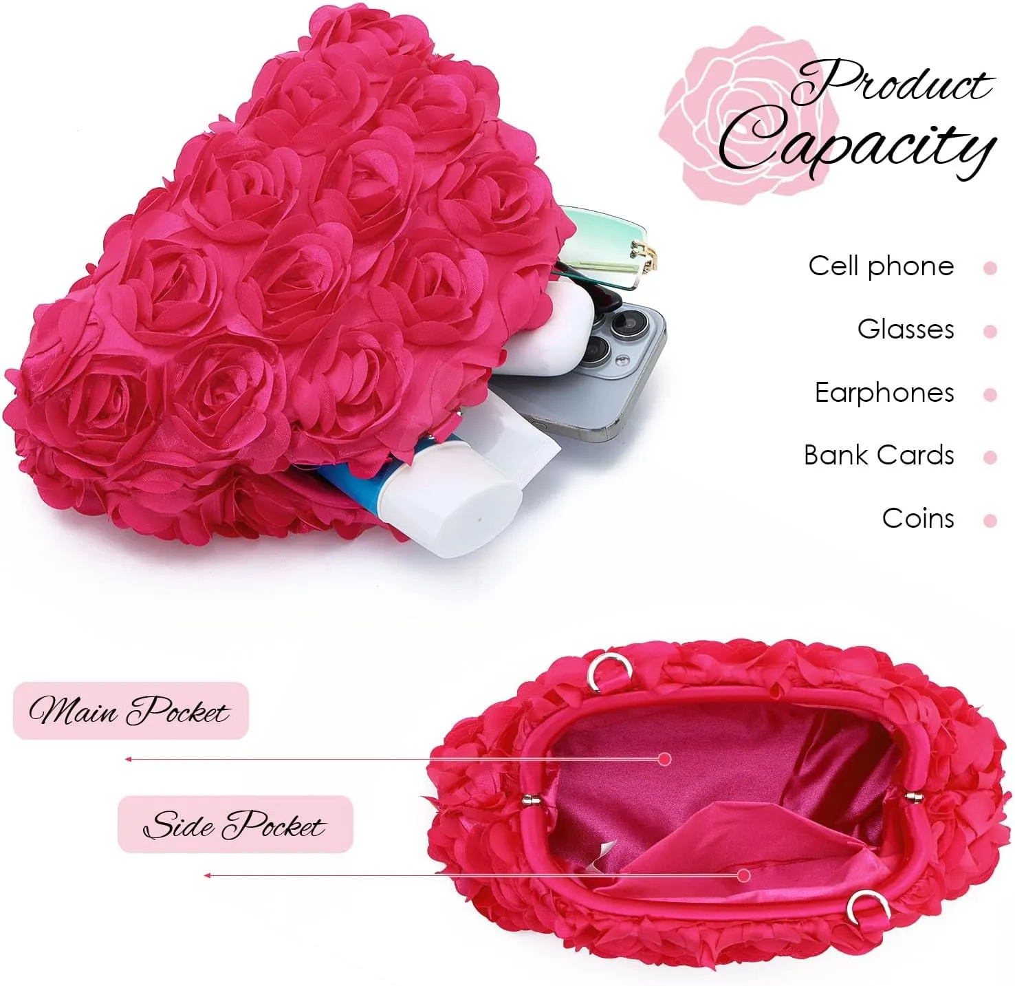 SUKUTU Flower Evening Bag Floral Clutch Bag Satin Handbag with Detachable Strap for Weeding Party Prom
