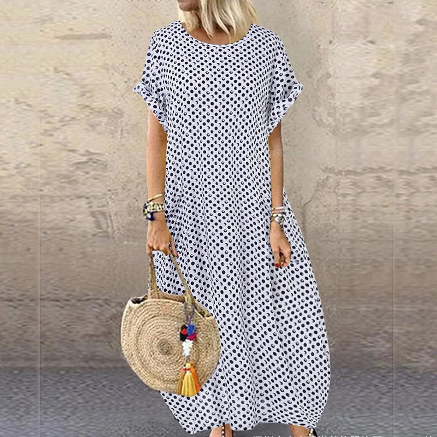 Summer Dresses for Women 2023 Crew Neck Maxi Dresses Rolled Short Sleeve Ruffle Oversize Vacation Loose Long Dress