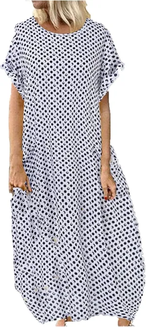 Summer Dresses for Women 2023 Crew Neck Maxi Dresses Rolled Short Sleeve Ruffle Oversize Vacation Loose Long Dress