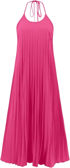 Summer Dresses for Women 2024 Halter Strap Ruched Flowy Sexy Sundresses Swing Casual Vacation Beach Maxi Dress