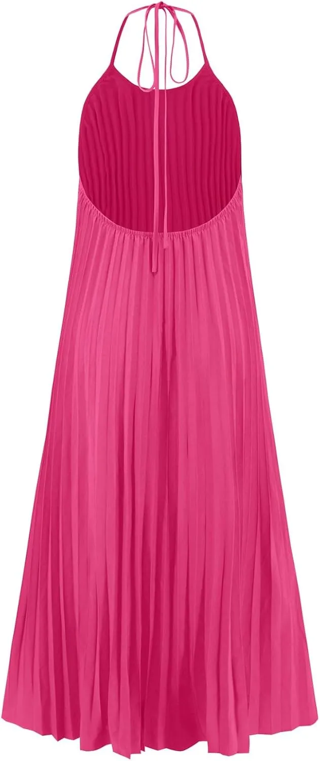 Summer Dresses for Women 2024 Halter Strap Ruched Flowy Sexy Sundresses Swing Casual Vacation Beach Maxi Dress