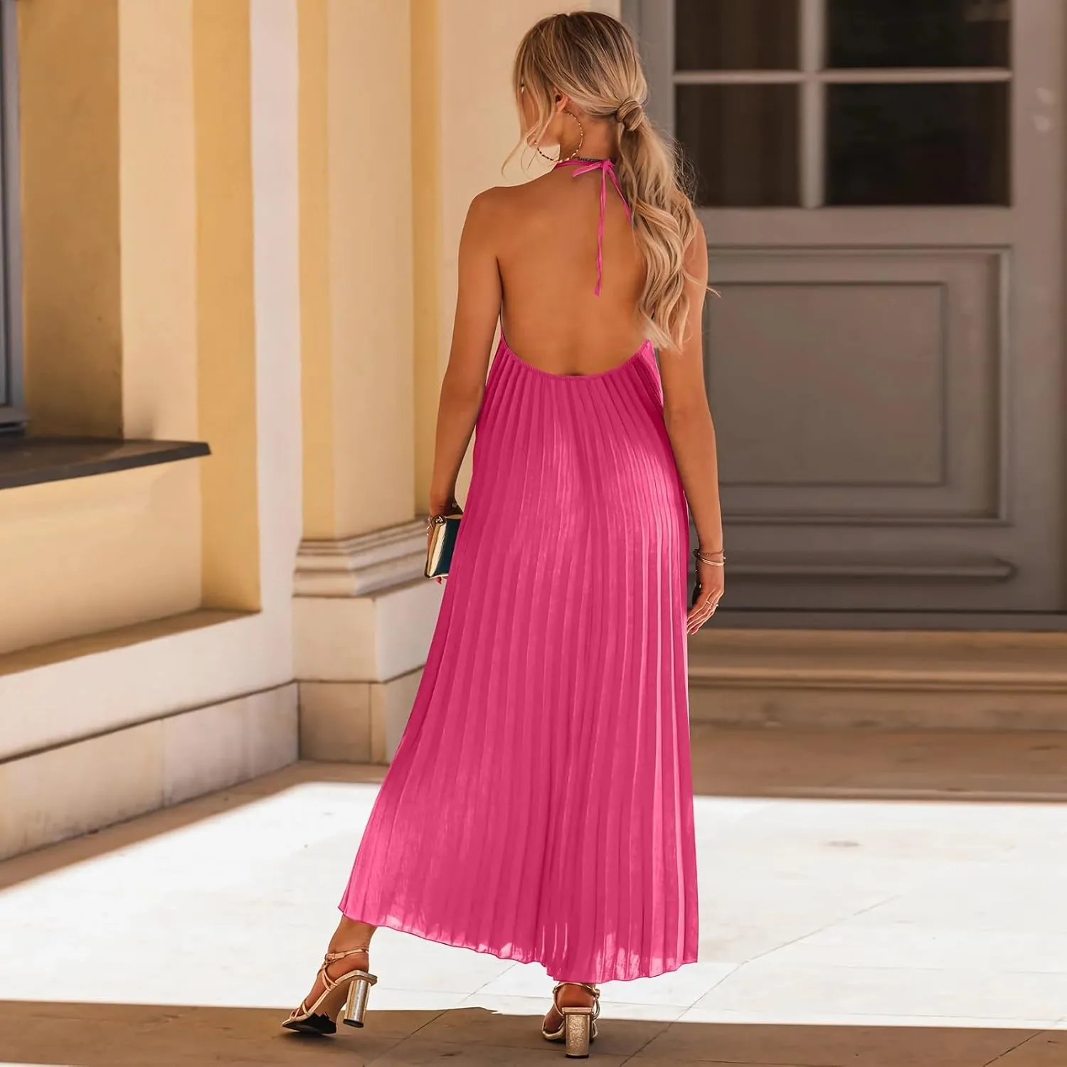 Summer Dresses for Women 2024 Halter Strap Ruched Flowy Sexy Sundresses Swing Casual Vacation Beach Maxi Dress