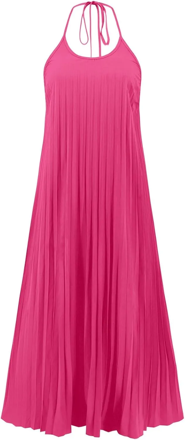 Summer Dresses for Women 2024 Halter Strap Ruched Flowy Sexy Sundresses Swing Casual Vacation Beach Maxi Dress