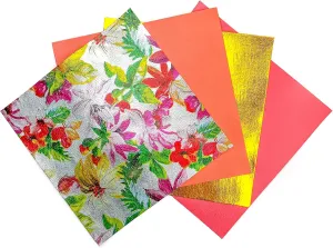Summer Flower Colorful Lambskin 4 Leather Sheet Set 5x5In/12x12cm / Silver Cow with Floral Print, Rose Pink and Coral Lambskin, Yellow Gold Metallic Sheepskin