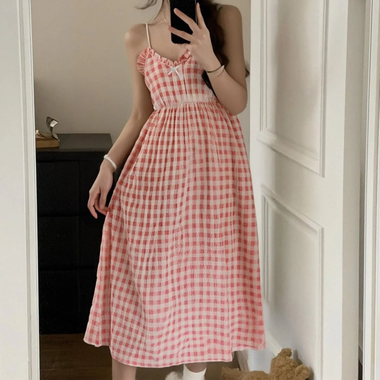 Summer New Women's Nightdress Mid Length Cute Cartoon Sexy Pajamas With Chest Pads Outside The Home Wear Fresh