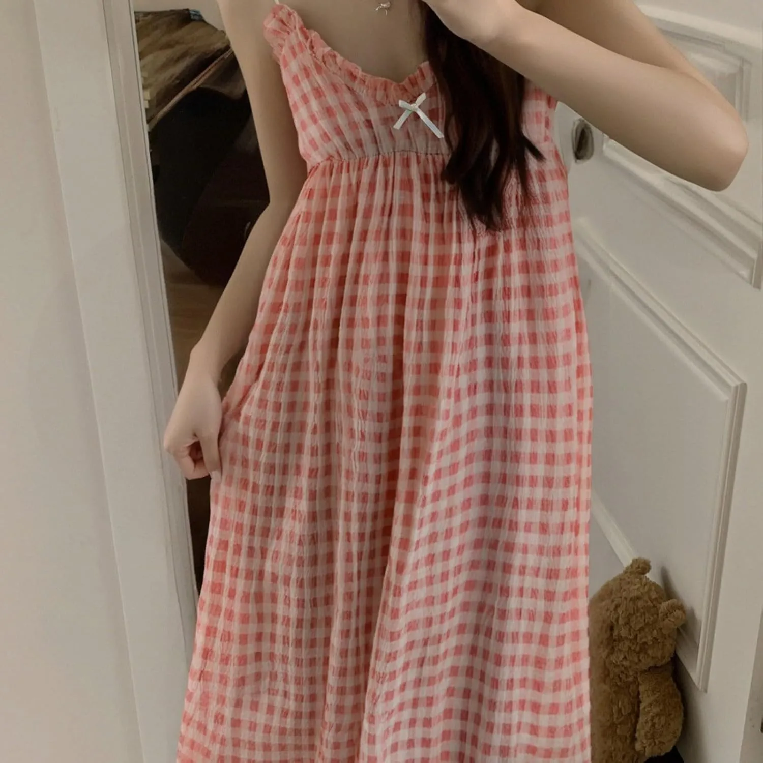 Summer New Women's Nightdress Mid Length Cute Cartoon Sexy Pajamas With Chest Pads Outside The Home Wear Fresh