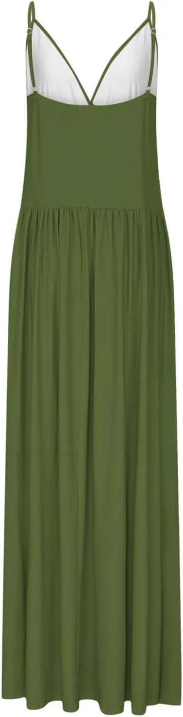 Summer Wedding Guest Dresses for Women Sexy Spaghetti Strap Wrap V Neck Ruched Waist Front Split Hem Pleated Maxi Dress