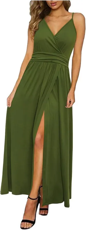 Summer Wedding Guest Dresses for Women Sexy Spaghetti Strap Wrap V Neck Ruched Waist Front Split Hem Pleated Maxi Dress