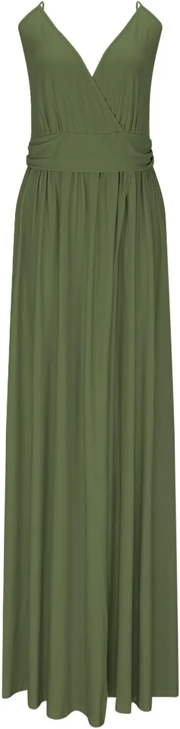 Summer Wedding Guest Dresses for Women Sexy Spaghetti Strap Wrap V Neck Ruched Waist Front Split Hem Pleated Maxi Dress